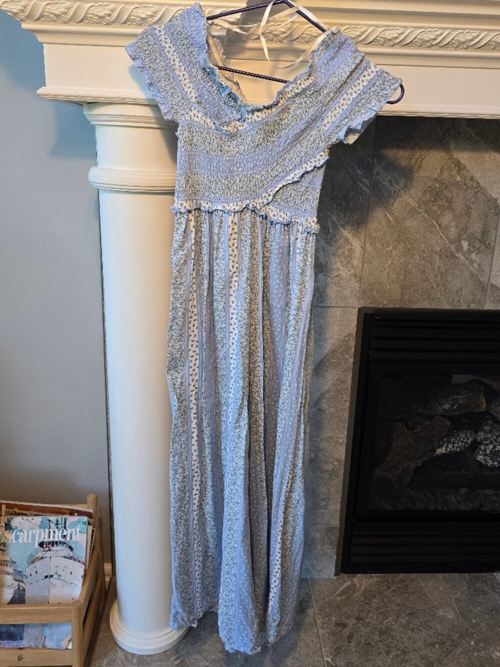 Japna Blue Floral Wide Leg Jumpsuit Smocked Boho Off Shoulder Womens XS